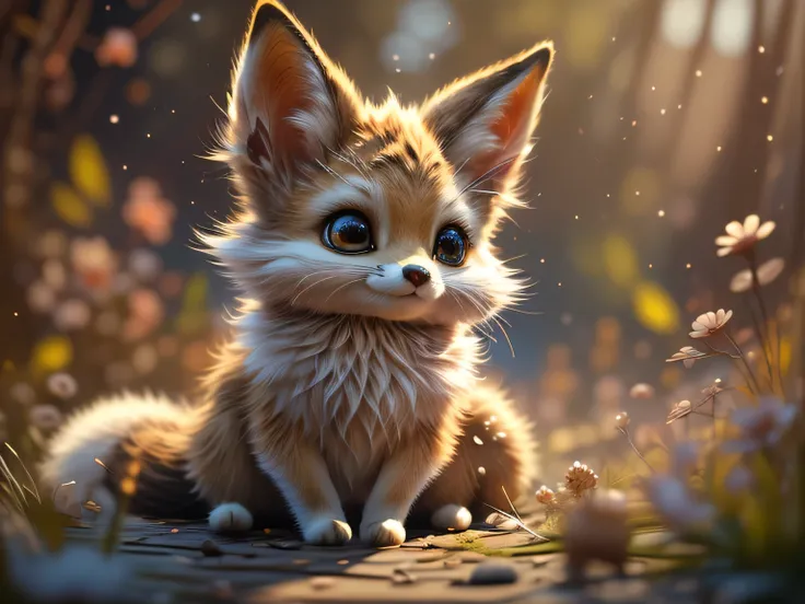 Magical Fantasy Creature, (Best Quality, Masterpiece, Representative Work, Official Art, Professional, Ultra Fine Detail, 8k:1.3), (Photorealism:1.2), Fox Spirit, Super Cute, Big Eyes, Soft, Delicate Nose, Fluffy, Two-Toothed Smile, Cute Fennec Fox Ghost, ...
