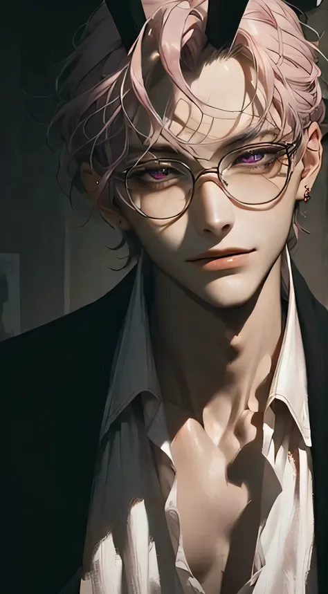 (Best Quality, 4K, 8K, High Resolution, Masterpiece: 1.2), Super Detailed, (Actual, Photo Actual, Photo-Actual: 1.37), 1 Man, 31 Years Old, Mature Man, Very Handsome , expressionless, smile, short gray-pink hair, purple eyes, piercing gaze, perfect face, f...