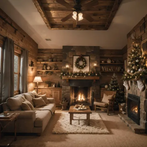 a cozy rustic christmas cabin interior, warm wooden walls and floors, burning fireplace, christmas tree with ornaments, stocking...