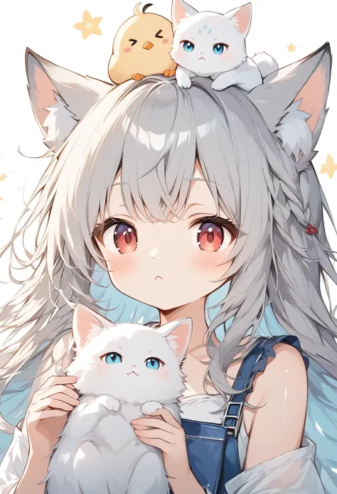 thin and soft painting style、white fox girl  、grey hair、  smooth long hair  、 fox ears、  fox's fluffy tail 、ruby eyes、 oblique e...