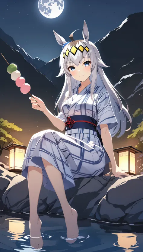 Oguri Cap(umamusume)、ahoge,silver hair,long hair,yellow hairband,Solo,Large outdoor hot spring in the mountains,full moon night, yukata, looking at viewer,medium breasts,sit, Dango,smile