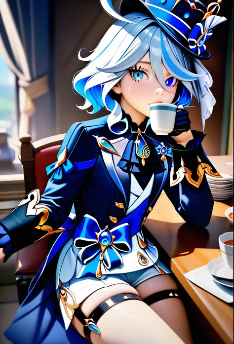 furina (genshin impact), heterochromia,hat,bule hair,blue eyes,ascot,brooch,long sleeves, jacket,blue bow,gloves,white shorts, thigh strap
, sitting on sofa, drinking tea, sweets on desk, elegant, intricate, refined, porcelain skin, photorealistic, 8k, ...