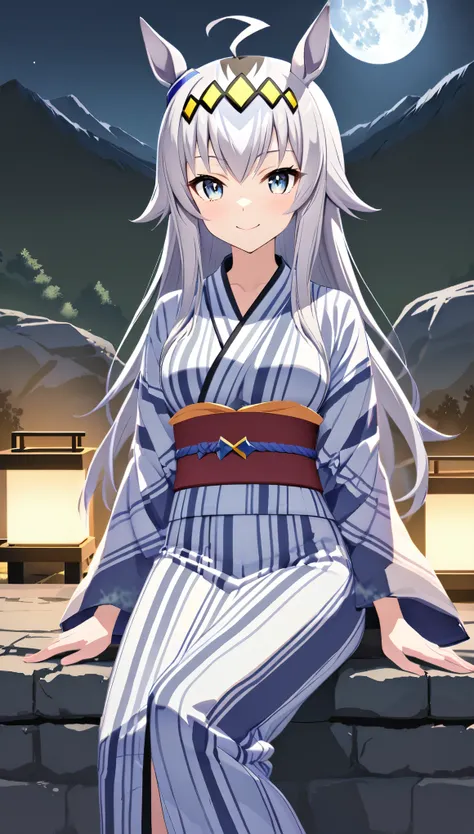 Oguri Cap(umamusume)、ahoge,silver hair,long hair,yellow hairband,Solo,Large outdoor hot spring in the mountains,full moon night, yukata, looking at viewer,medium breasts,sit, Dango,smile