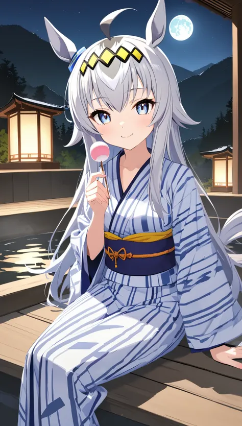 Oguri Cap(umamusume)、ahoge,silver hair,long hair,yellow hairband,Solo,Large outdoor hot spring in the mountains,full moon night, yukata, looking at viewer,medium breasts,sit, Dango,smile