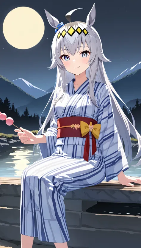 Oguri Cap(umamusume)、ahoge,silver hair,long hair,yellow hairband,Solo,Large outdoor hot spring in the mountains,full moon night, yukata, looking at viewer,medium breasts,sit, Dango,smile
