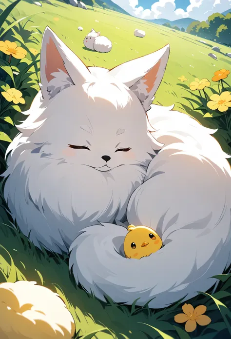  Thin, Soft Touch of Picture、Fluffy Style 、One white fox, one chick、Sleep well 、On the grass