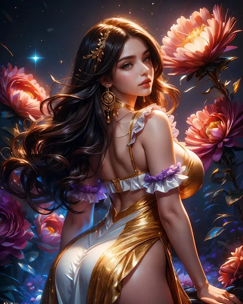 Beautiful brunette woman, 25 years old, stunning body, expressive and clear face, crystal clear eyes, full mouth, long dark curly hair, happy, short purple and white neon dress with gold details with ruffles and straps, exposed large breasts, jeweled gold ...