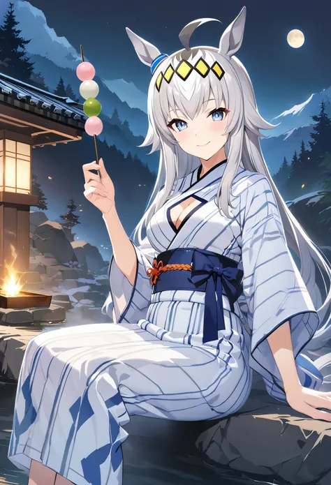 Oguri Cap(umamusume)、ahoge,silver hair,long hair,yellow hairband,Solo,Large outdoor hot spring in the mountains,full moon night, yukata, looking at viewer,medium breasts,sit, Dango,smile, high resolution, masterpiece, official art, cleavage cutout
