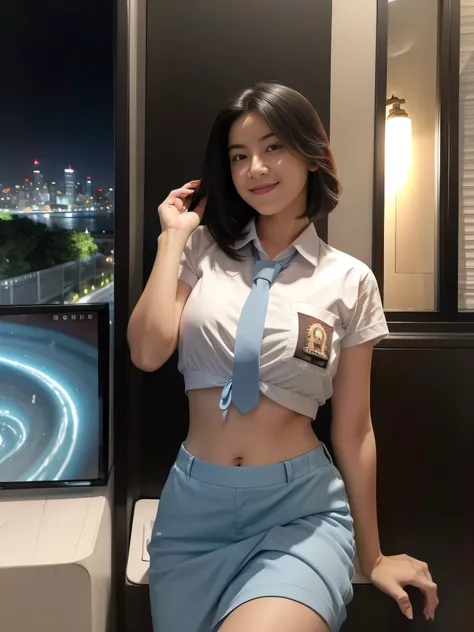 1girl, 1 girl, (uniform), standing, outdoors, night view, detailed Metropolitan city at the background, (Overhead view:1.35), (zoom out: 1.1), detailed face, cute little smile, detailed eyes, medium thick breasts, six pack abs, smooth realistic skin, semi-...
