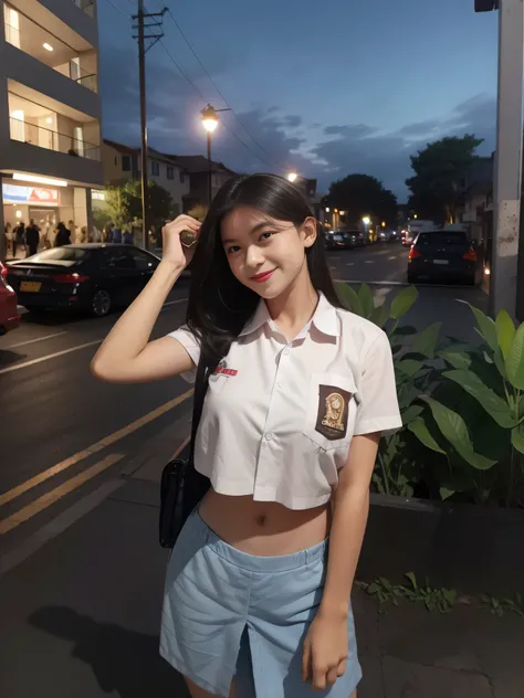 1girl, 1 girl, (uniform), standing, outdoors, night view, detailed Metropolitan city at the background, (Overhead view:1.35), (zoom out: 1.1), detailed face, cute little smile, detailed eyes, medium thick breasts, six pack abs, smooth realistic skin, semi-...
