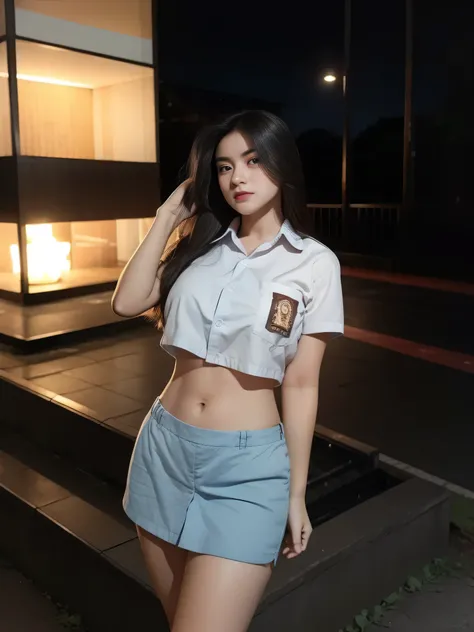 1girl, 1 girl, (uniform), standing, outdoors, night view, detailed Metropolitan city at the background, (Overhead view:1.35), (zoom out: 1.3), detailed face, cute angry face, detailed eyes, thick breasts, six pack abs, smooth realistic skin, semi-curvy bod...