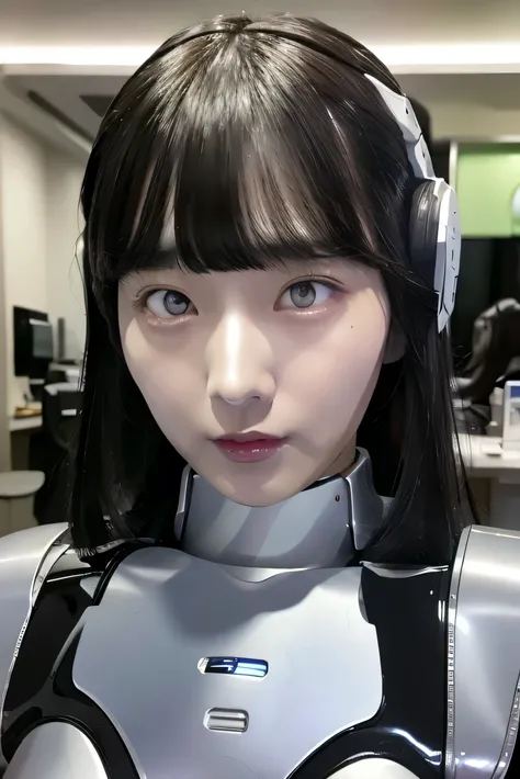 masterpiece, best quality, extremely detailed, Japaese android girl,Plump , control panels,android,Droid,Mechanical Hand, Robot arms and legs, Black Robot Parts,Black hair,Mechanical body,Blunt bangs,White robotics parts,perfect robot girl,future informat...
