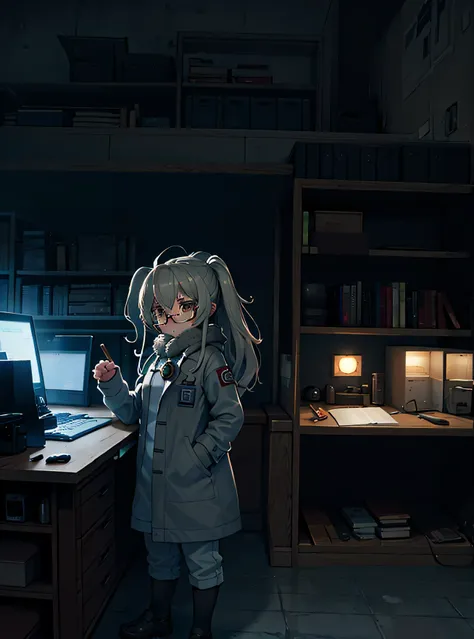 Science fiction,a science fiction film,cannons,Long-range missiles,Based on the Film Foundation ,Woman,,28 years old,Zito-order,Brown eyes,Long hairstyle,Unkempt hair、White-gray on black hair,Scientist uniform,White researcher coat,Open Meadow,Rebel,Chaoti...