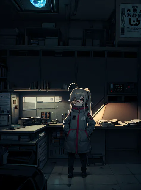 Science fiction,a science fiction film,cannons,Long-range missiles,Based on the Film Foundation ,Woman,,28 years old,Zito-order,Brown eyes,Long hairstyle,Unkempt hair、White-gray on black hair,Scientist uniform,White researcher coat,Open Meadow,Rebel,Chaoti...