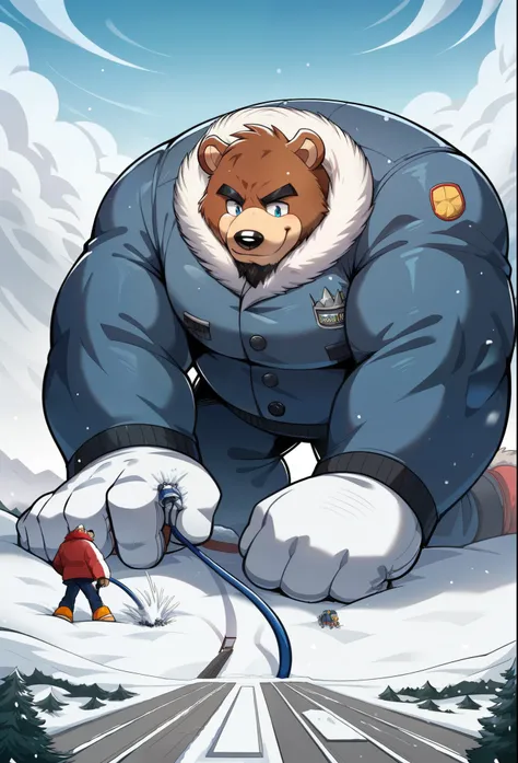 nj5furry,  grizzly bear seam, ，  beast field  ，pummelig, thick arms，strong muscles，Winter jacket，Plush  ，chubby face，  black eyebrows  ，sky blue eyes，  Black lumberjack beard，  good-natured smile， standing on the snow,on the stomach, Vati , (From underneat...