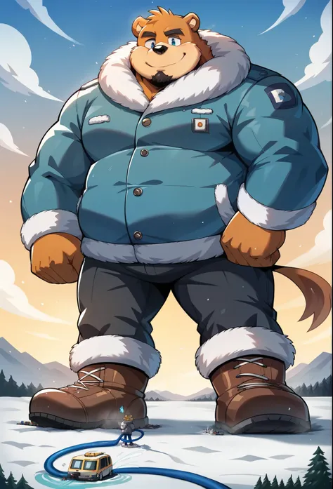 nj5furry,  grizzly bear seam, ，  beast field  ，pummelig, thick arms，strong muscles，Winter jacket，Plush  ，chubby face，  black eyebrows  ，sky blue eyes，  Black lumberjack beard，  good-natured smile， standing on the snow,on the stomach, Vati , (From underneat...