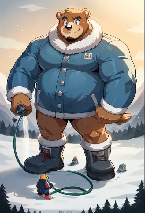 nj5furry,  grizzly bear seam, ，  beast field  ，pummelig, thick arms，strong muscles，Winter jacket，Plush  ，chubby face，  black eyebrows  ，sky blue eyes，  Black lumberjack beard，  good-natured smile， standing on the snow,on the stomach, Vati , (From underneat...