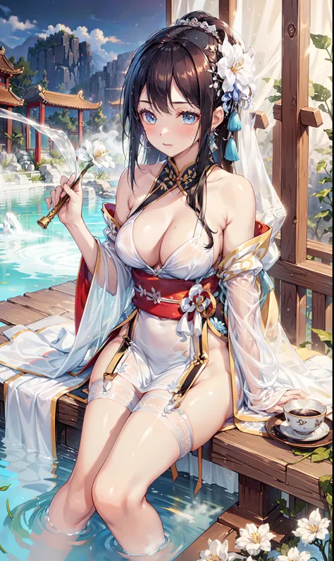 high quality， best resolution，(Soak的白色长旗袍），  super detailed , White double ponytail hairstyle，20-year-old young girl，Gorgeous的雕纹，Intricately designed clothes， blue eyes， She has earrings , wealth，Gorgeous， Imagine，Elegant and charming， Slightly curvy figur...