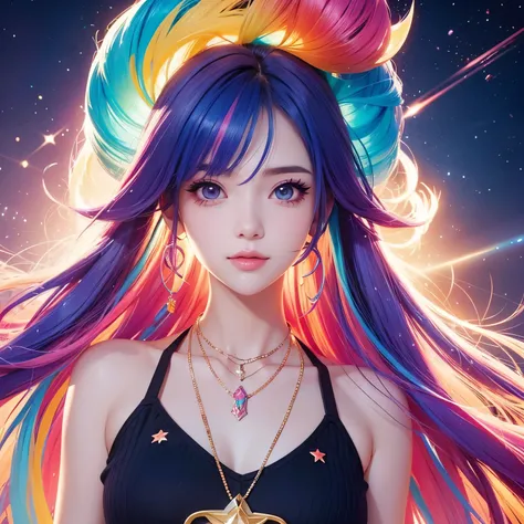 Close-up of a woman with  colorful  hair and necklace, Anime girl with cosmic hair , Rossdraws&#39; soft vibrancy, Gouwez (Have) Artwork of style,  fantasy art style ,  colorful ],  vibrant fantasy style , Rossdraws充满活力的卡通, universe and  colorful , Gu Weis...
