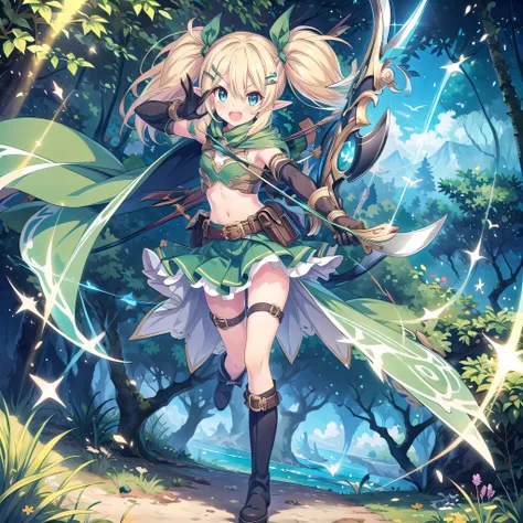 1girl, solo, pointy-ears, blond-hair, blue sea-eyes, weapon, arrow-(projectile), bow-(weapon), gloves, boots, twintails, open-mouth, skirt, elbow-gloves, hair-ornament, navel, looking-at-viewer, cape, smile, elf, holding, ribbon, hair-ribbon, full-body hol...