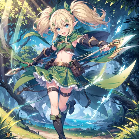 1girl, solo, pointy-ears, blond-hair, blue sea-eyes, weapon, arrow-(projectile), bow-(weapon), gloves, boots, twintails, open-mouth, skirt, elbow-gloves, hair-ornament, navel, looking-at-viewer, cape, smile, elf, holding, ribbon, hair-ribbon, full-body hol...