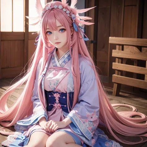  masterpiece ,  best quality,Lacus-bk, 1 Girl,  alone , Long hair,  Pink Haired , very Long hair,  blue eyes, Headdress, Japanese Clothing, Lace-up sleeve 