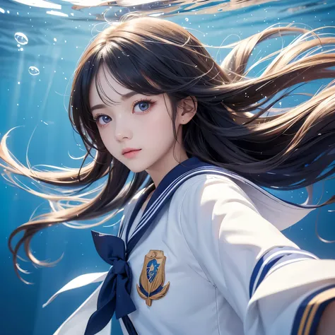 ( perspective :1.3),白色Sailor Suit, sailor dress , white theme ,School Uniform, Sailor Suit, watching viewer , crazy, Messy long hair , detailed eyes ,Hair Glow, Dramatic Perspective ,蓝色Sailor Suit领, perfect anatomy , faint smile, partial underwater...
