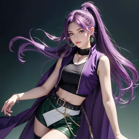  Martina , Purple Eyes ,  purple hair,  very long hair,  ponytail, Hair band,  green necklace , o-ring top, Vest, Vest, waist cape ,  black shorts , Green belt, boots,portrait  