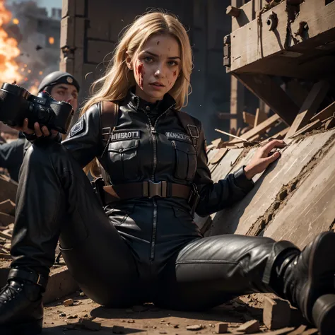 blonde woman, war photographer with a camera , blood on her leather jumpsuit and face,  war scene around her with explosions and...