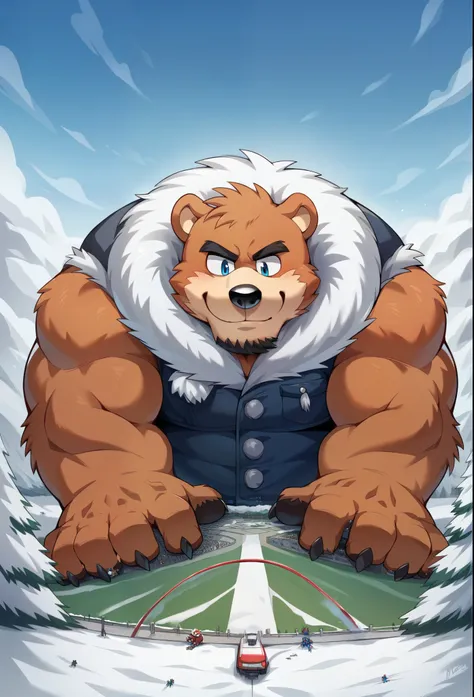 nj5furry,  grizzly bear seam, ，  beast field  ，pummelig, thick arms，strong muscles，Winter jacket，Plush  ，chubby face，  black eyebrows  ，sky blue eyes，  Black lumberjack beard，  good-natured smile，Sitting on the snow,on the stomach, Vati , (From underneath:...