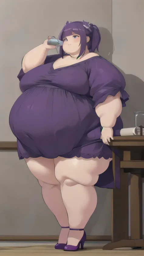 obese African woman in a purple dress and purple hair, holding a bottle, high heels, (double chin)