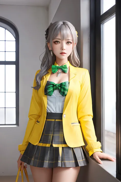 bronya zaychik (silverwing n-ex), bronya zaychik, red pupils,breasts, long hair, dress, grey hair, cleavage, bangs, (glowing grey eyes:1.2),
BREAK ((grey bow,yellow blazer, long sleeves, green bowtie, plaid miniskirt:1.5)),
BREAK standing in a large alcov...