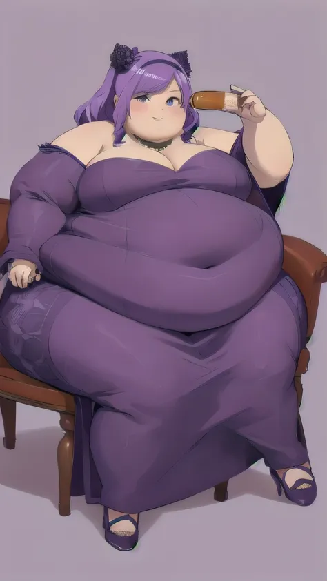 obese African woman in a purple dress and purple hair, holding a bottle, high heels, (double chin), sitting on a recliner