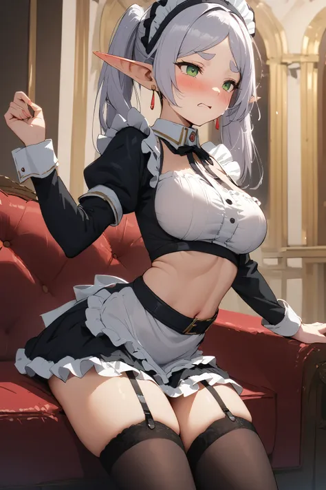 NSFW,masterpiece,Best Quality, high definition, very detailed,Frielen (葬送のFrielen), pointed ears、Elf、 earrings for a woman alone、 Twin Tails、Parted bangs、Gray Hair、 thick eyebrows,Green Eyes,Big Breasts, maid clothes, Off Shoulder, detachable sleeves that ...