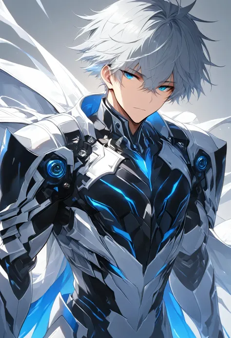 alone , Handsome, 1 adult male , silver hair,Wearing a white trench coat,Young men,Wears white and black and blue mechanical armor, masterpiece, high quality ,Blank Background, blue eyes,warrior