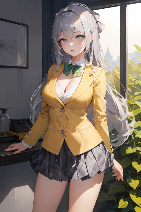 bronya zaychik (silverwing n-ex), bronya zaychik, red pupils,breasts, long hair, dress, grey hair, cleavage, bangs, (glowing grey eyes:1.2),
BREAK ((grey bow,yellow blazer, long sleeves, green bowtie, plaid miniskirt:1.5)),
BREAK standing in a large alcov...