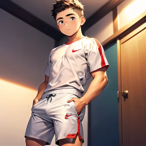 A young teen boy, standing in a bedroom, wearing long tight grey Nike trackie bottoms, looking down from below,  not wearing a shirt, close up, not wearing a top. Great quality, amazing quality, masterpiece, high-resolution.