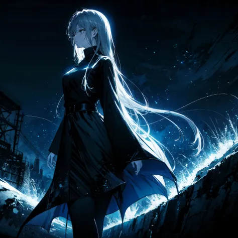 (best art,:1.3),
silver theme,black theme,white theme,blue theme,long hair ultra high res, masterpiece, best quality, night, (dark environment)