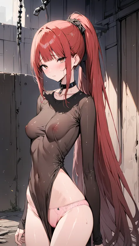 ((masterpiece,Best Quality:1.3,best quality illustrations)),portrait,cowboy shot,Alone,1woman,young adult,(ponytail),straight long hair,red hair,bangs, (very small head:1.1),gorgeous eyes,brown eyes,tears,(very long body:1.3),medium breasts,(Black leather ...