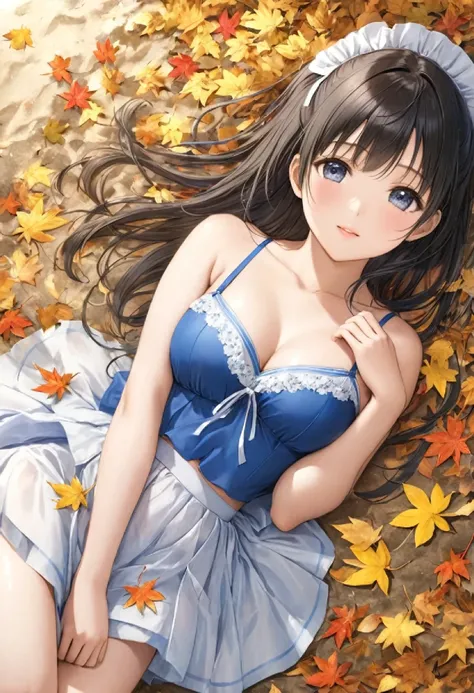 Asian woman in a blue bralette is lying on a bed, mayuri shiina,  sophisticated gravure idol, realistic  young gravure idol on top of fallen leaves ,  exposed young sensual gravure idol ,  realistic sensual gravure idol, young cute gravure idol,  young gra...