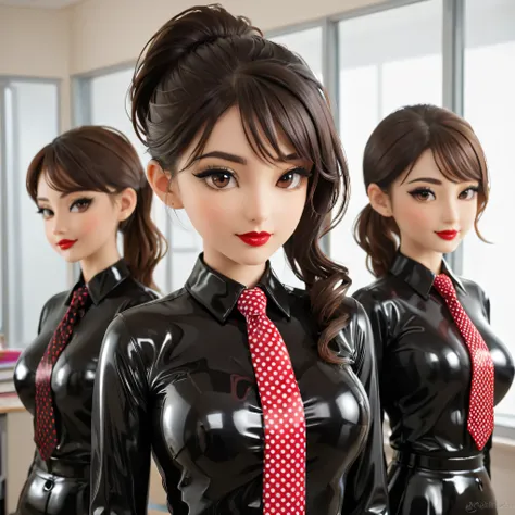 3 girls and buttoned in extremely tight shiny black latex blouse with polka dot pattern, are in school,  side ponytail, shiny ha...