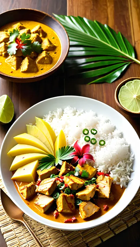 create an ultra-high-quality visual of a gourmet curry dish titled 'waikiki curry bowls' that exemplifies an indian-hawaiian fus...