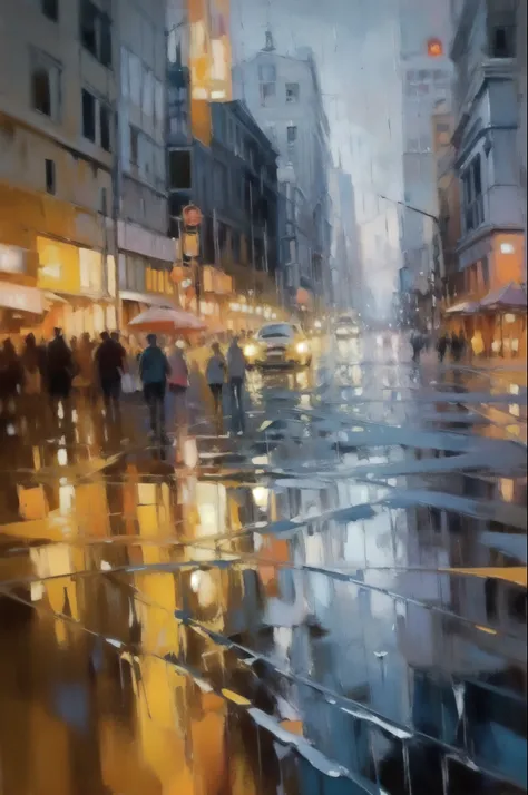OIL PAINTIN made with palette knife,IMPRESSIONISM,(masterpiece, best quality, ultra-detailed, best shadow),(detailed background),realistic ,(Rembrandt), rainny evening in City, shown throught wet glass, shapes are blurred melts away from stream of rain ...