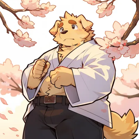 Scribble Goldener Retriever face, cute face,Humanity (Goldener Retriever),(White kimono:1.3),pummelig,( brown eyebrows :1.1),( perfect black eyes),（artist:takemoto arashi）,( plump buttocks )，Cherry blossoms，sad expression ，Wolf tail。