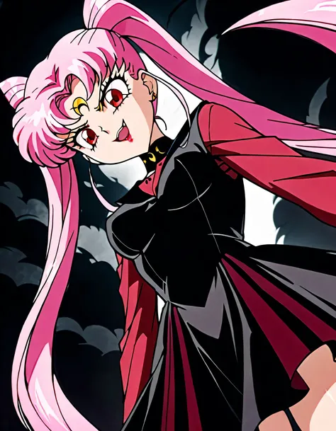 Sailor Moons Wicked Lady, Pink Hair, Red eyes, , black crescent symbol on forehead, very evil smirk,open_mouth,beautiful body,shaded face(eyes in evil shadow),((masterpiece,best quality)), absurdes,black dress,,beautiful face,,looking down at viewer,twint...