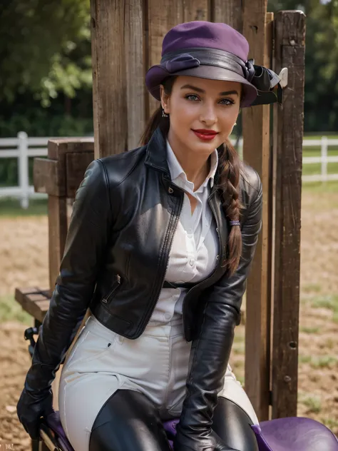 photo of a gorgeous horny, wet and sweaty, fully clothed woman, owner of an English horse stable with a sensual smile walking in the field near the horse stable, waiting for the man she loves, Monica Bellucci at 3, ((eyes incredibly light blues)) ((flirtin...