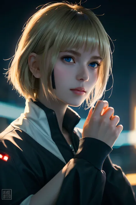 ((Best Quality)), ((masterpiece)), (  Details), 8ｋ,Ghost in the Shell style , cyberpunk, Almond Eye, Blonde Blue Eyes ,, in the silence where the night melts , your shadow dancing in your dreams , the voice of the stars whispers softly,A new morning 、 is c...