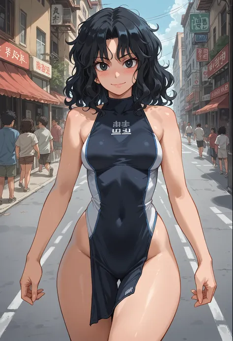 masterpiece, best quality, 1girl, kaoru tanamachi, black eyes, black hair, messy hair, blue one-piece running suit, looking at v...