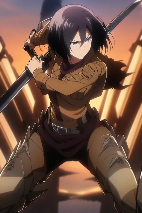 attack on titans, mikasa Ackerman, holding weapon, sword, dual wielding, three-dimensional maneuver gear, fighting stance, hands to face, face, realistic, 4K, detailed, angry face, ready for fight, flames, purple light, more shadows on face,