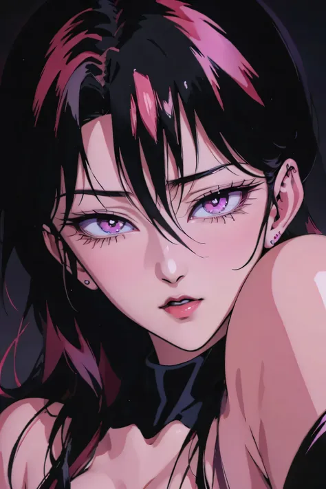 asian high school girl with long straight red hair and a fringe in the middle of the forehead, with big purple eyes and huge eyelashes, Lewd, horny, huge breasts, edgy graphic design with a multi neon colored palette, (sexy pose), seducing viewer, big blac...